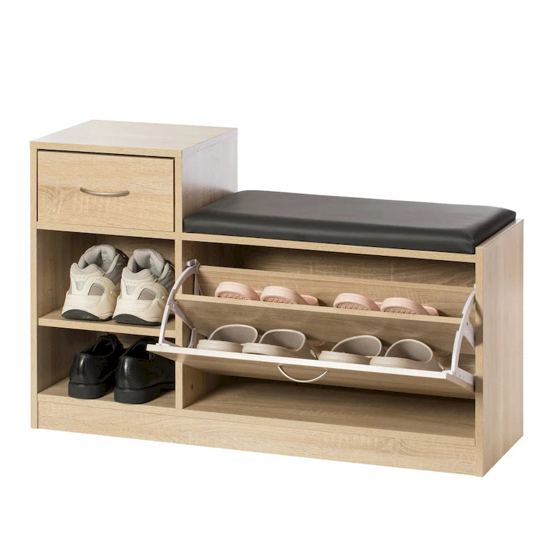 Schuhaufbewahrungsbank aus Holz für den Eingangsbereich mit Sitzkissen