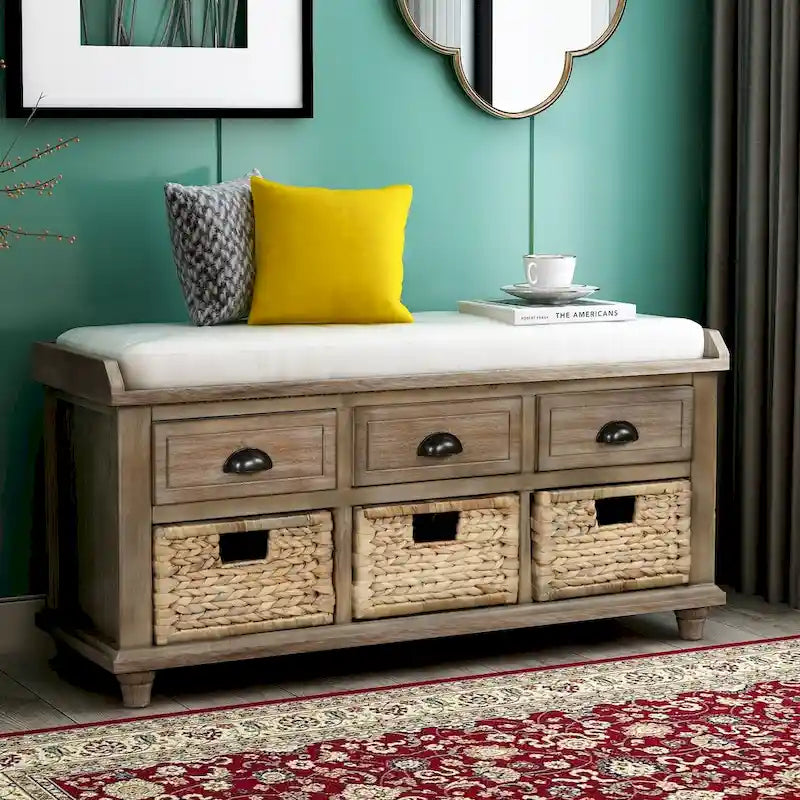 Rustic Storage Bench with 3 Drawers and 3 Rattan Baskets