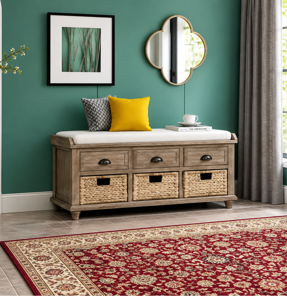 Rustic Storage Bench with 3 Drawers and 3 Rattan Baskets