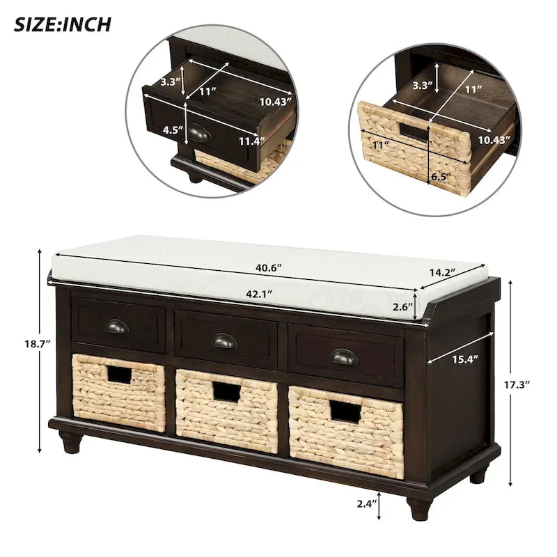 Rustic Storage Bench with 3 Drawers and 3 Rattan Baskets