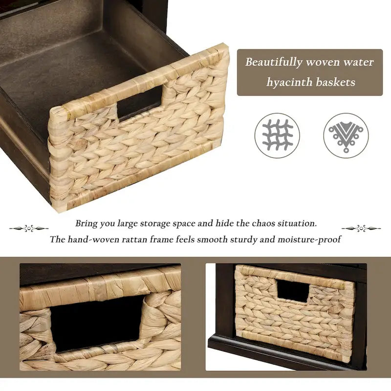 Rustic Storage Bench with 3 Drawers and 3 Rattan Baskets