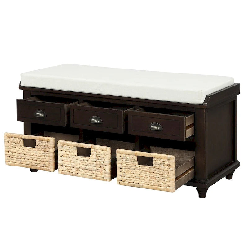 Rustic Storage Bench with 3 Drawers and 3 Rattan Baskets