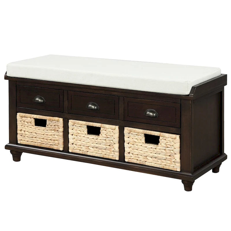 Rustic Storage Bench with 3 Drawers and 3 Rattan Baskets