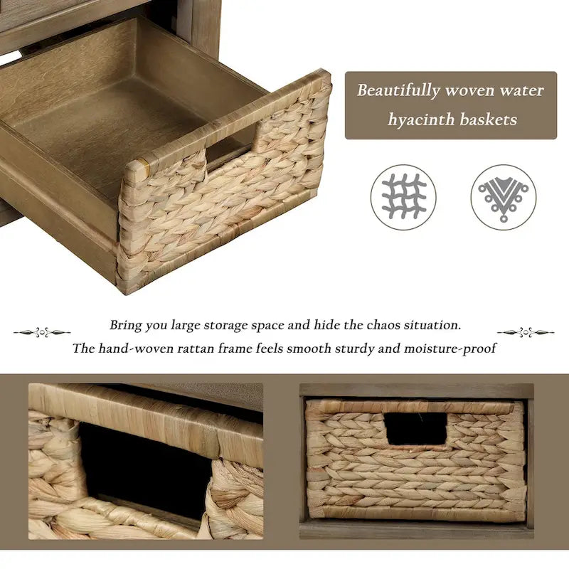 Rustic Storage Bench with 3 Drawers and 3 Rattan Baskets