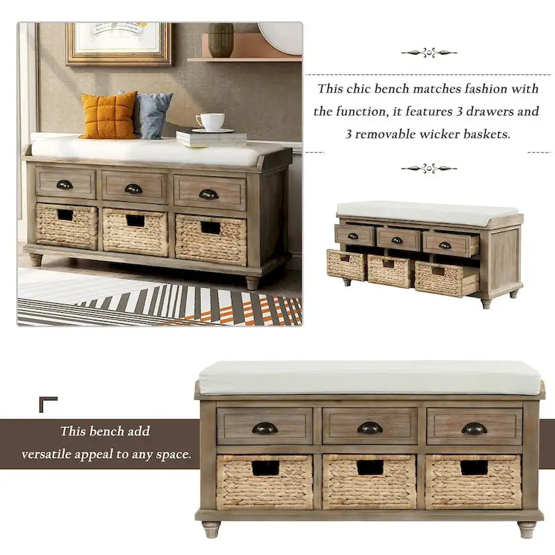 Rustic Storage Bench with 3 Drawers and 3 Rattan Baskets