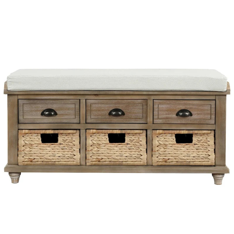 Rustic Storage Bench with 3 Drawers and 3 Rattan Baskets