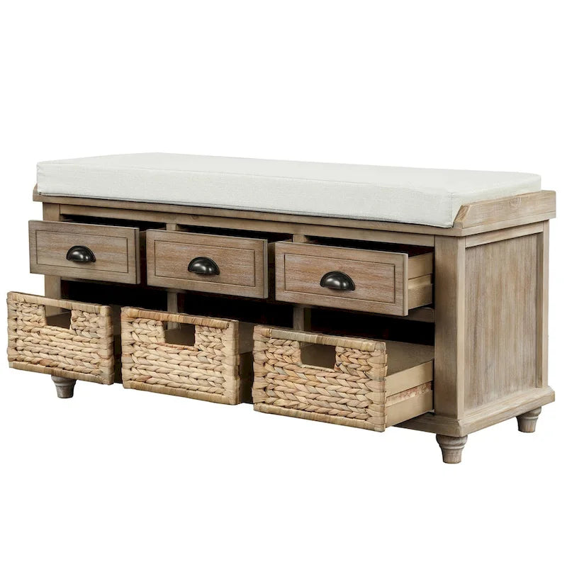 Rustic Storage Bench with 3 Drawers and 3 Rattan Baskets
