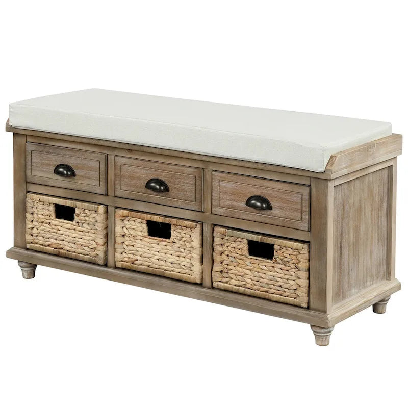 Rustic Storage Bench with 3 Drawers and 3 Rattan Baskets