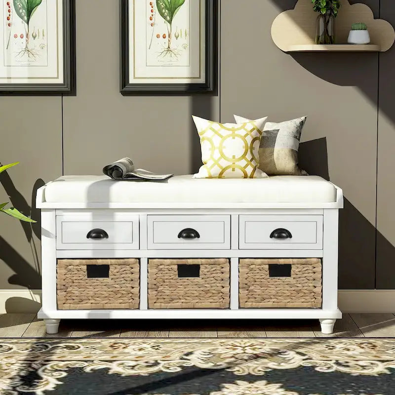 Rustic Storage Bench with 3 Drawers and 3 Rattan Baskets