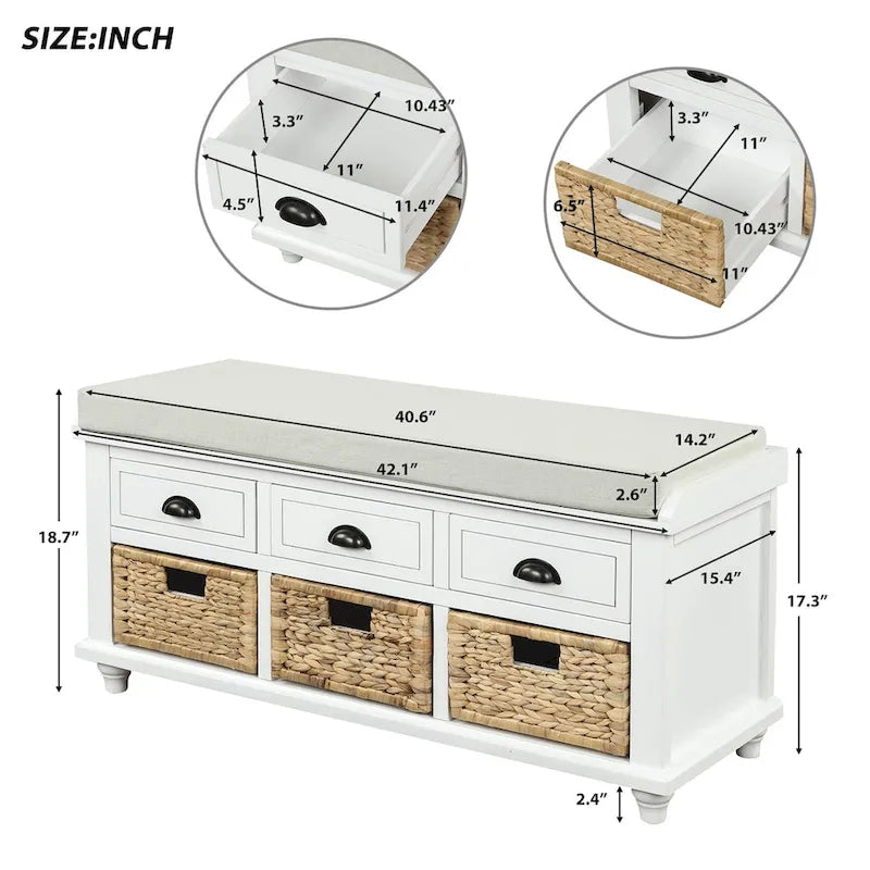 Rustic Storage Bench with 3 Drawers and 3 Rattan Baskets