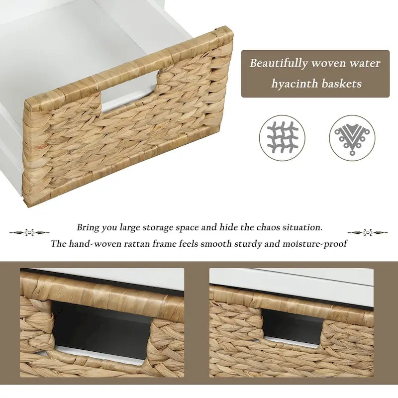 Rustic Storage Bench with 3 Drawers and 3 Rattan Baskets