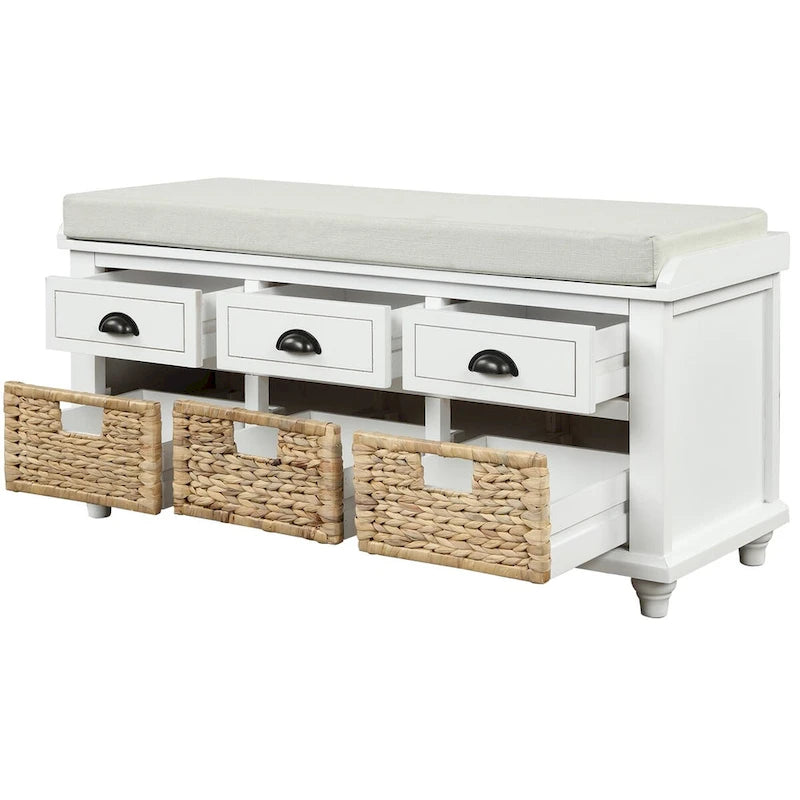 Rustic Storage Bench with 3 Drawers and 3 Rattan Baskets