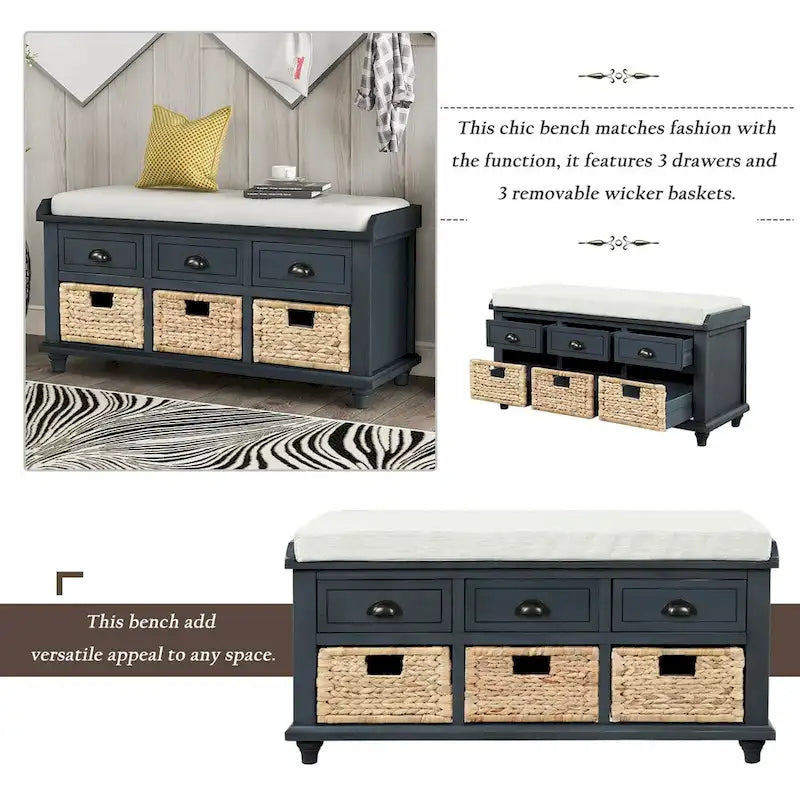 Rustic Storage Bench with 3 Drawers and 3 Rattan Baskets