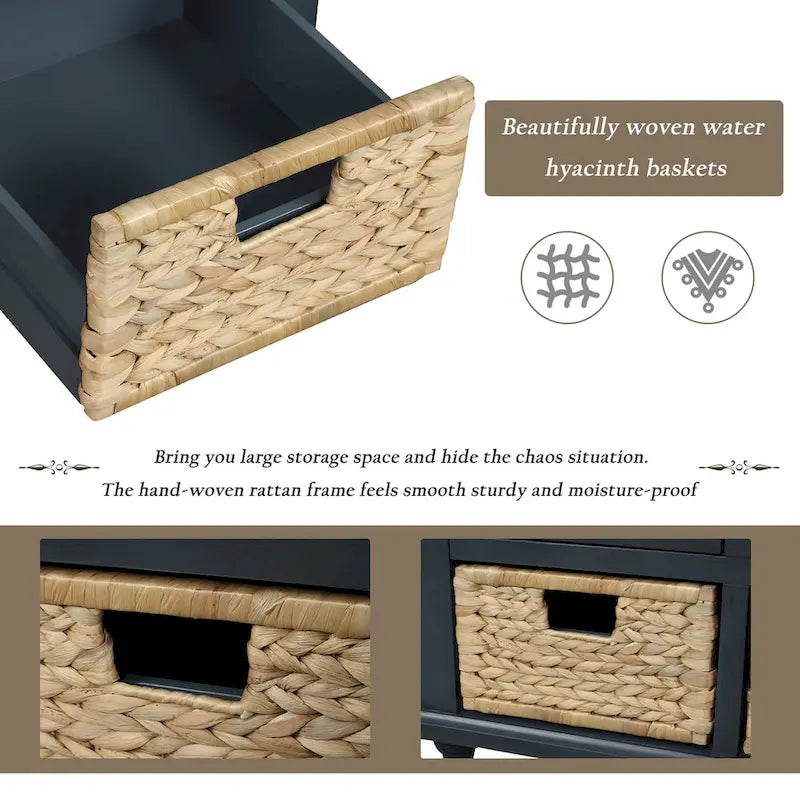 Rustic Storage Bench with 3 Drawers and 3 Rattan Baskets