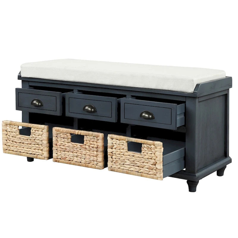 Rustic Storage Bench with 3 Drawers and 3 Rattan Baskets