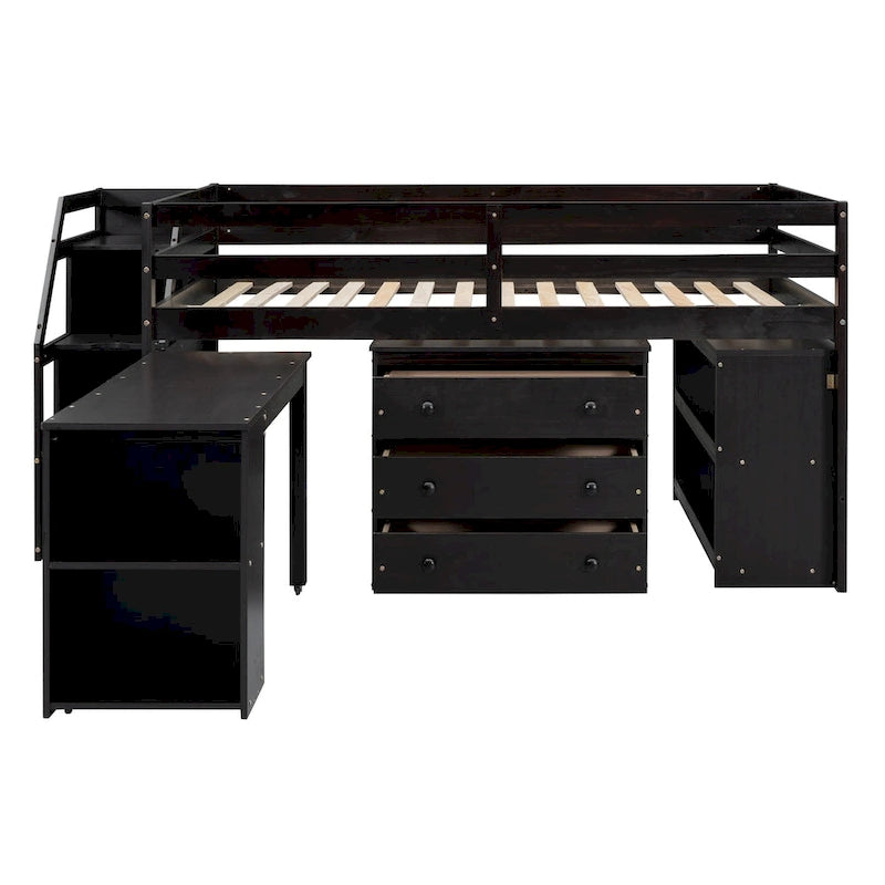 Full Size Solid Wood Loft Bed with Retractable Desk, Storage Stairs, Storage Drawers, and Shelves