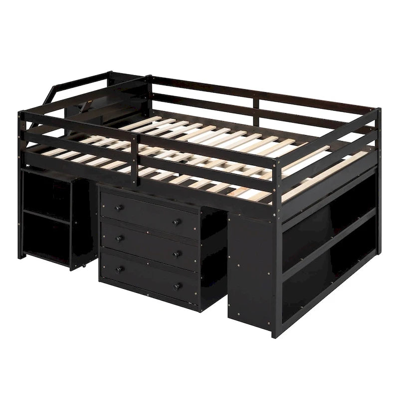 Full Size Solid Wood Loft Bed with Retractable Desk, Storage Stairs, Storage Drawers, and Shelves