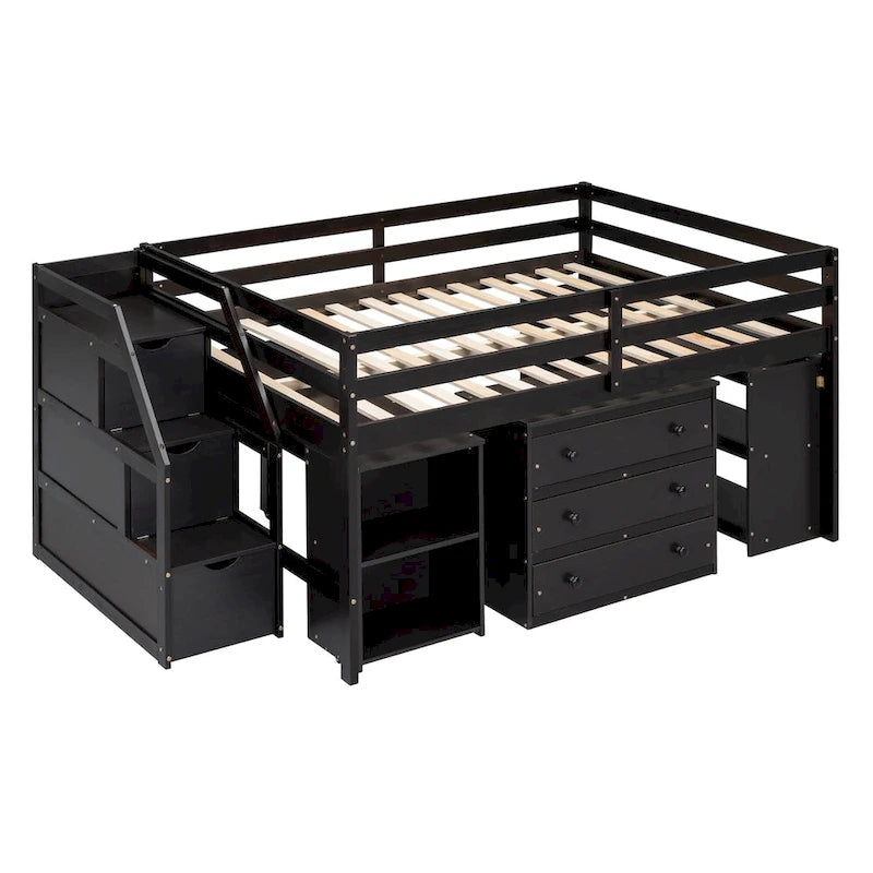 Full Size Solid Wood Loft Bed with Retractable Desk, Storage Stairs, Storage Drawers, and Shelves